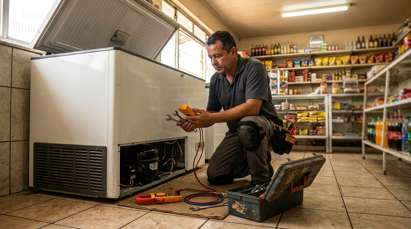 Profissional executando manutenção no motor de freezer em Curitiba‑PR