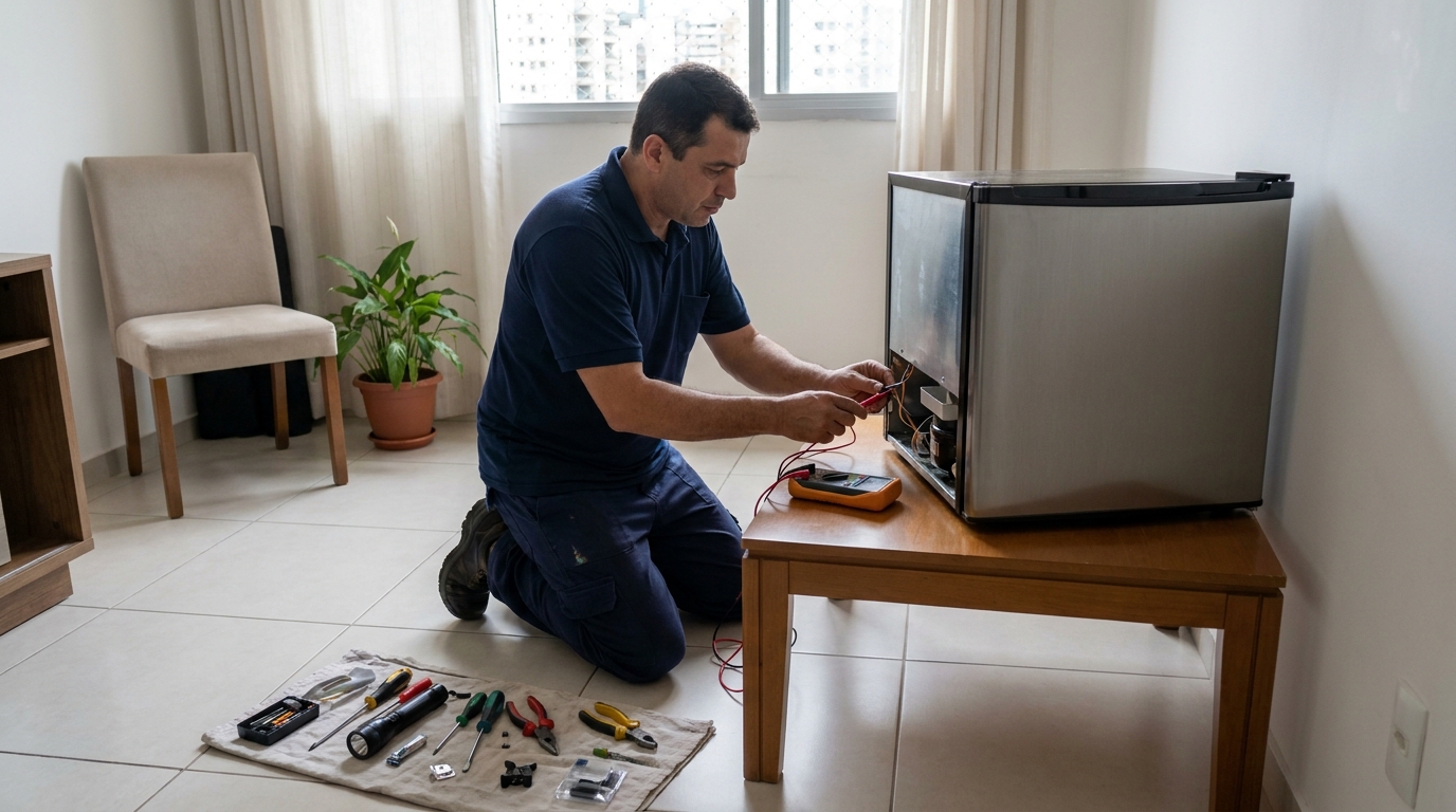Técnico fazendo manutenção do motor de frigobar em Curitiba‑PR