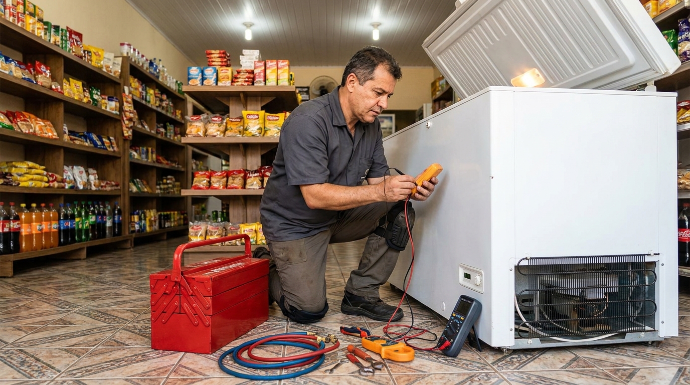 Recarga de gás refrigerante no freezer durante atendimento em Curitiba‑PR